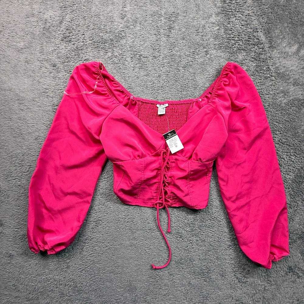 Rue21 Corset Crop Top NWT Womens M Hot Pink Lace Up Puff Sleeve Smocked Milkmaid